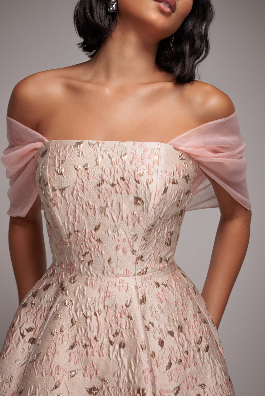 Goddiva Lace Up Jacquard Midi Dress With Organza Wings - Blush Pink