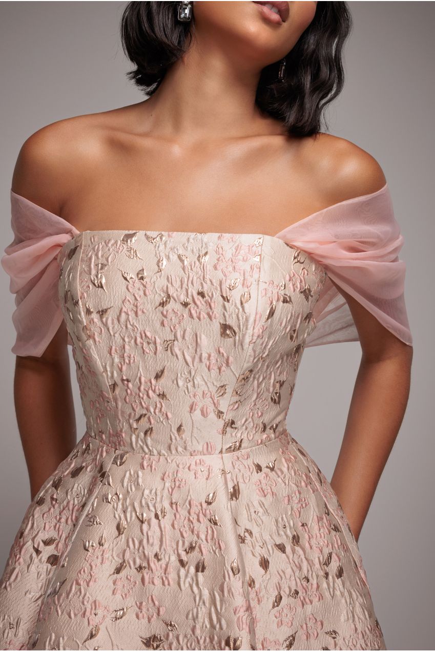Goddiva Lace Up Jacquard Midi Dress With Organza Wings - Blush Pink