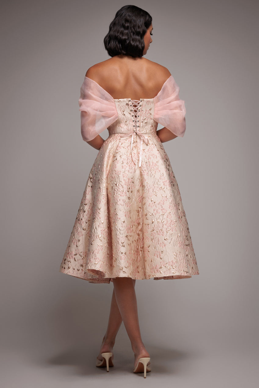 Goddiva Lace Up Jacquard Midi Dress With Organza Wings - Blush Pink