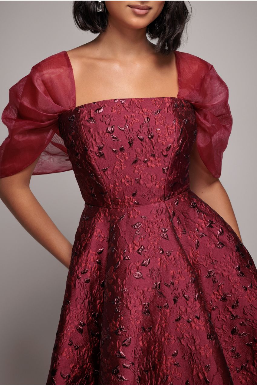 Goddiva Lace Up Jacquard Midi Dress With Organza Wings - Burgundy Red