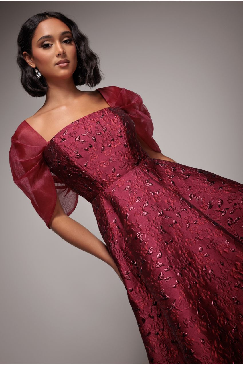 Goddiva Lace Up Jacquard Midi Dress With Organza Wings - Burgundy Red
