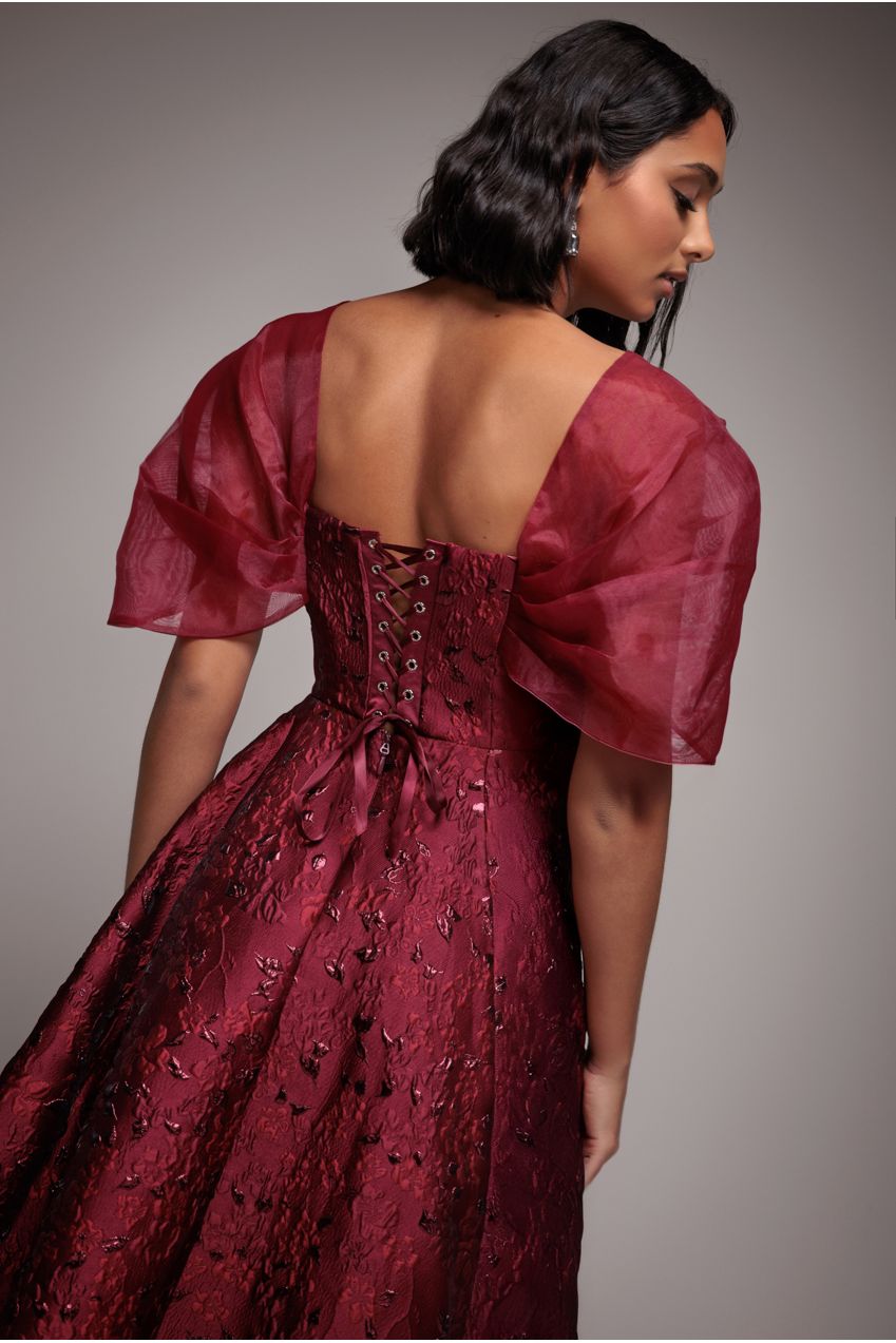 Goddiva Lace Up Jacquard Midi Dress With Organza Wings - Burgundy Red