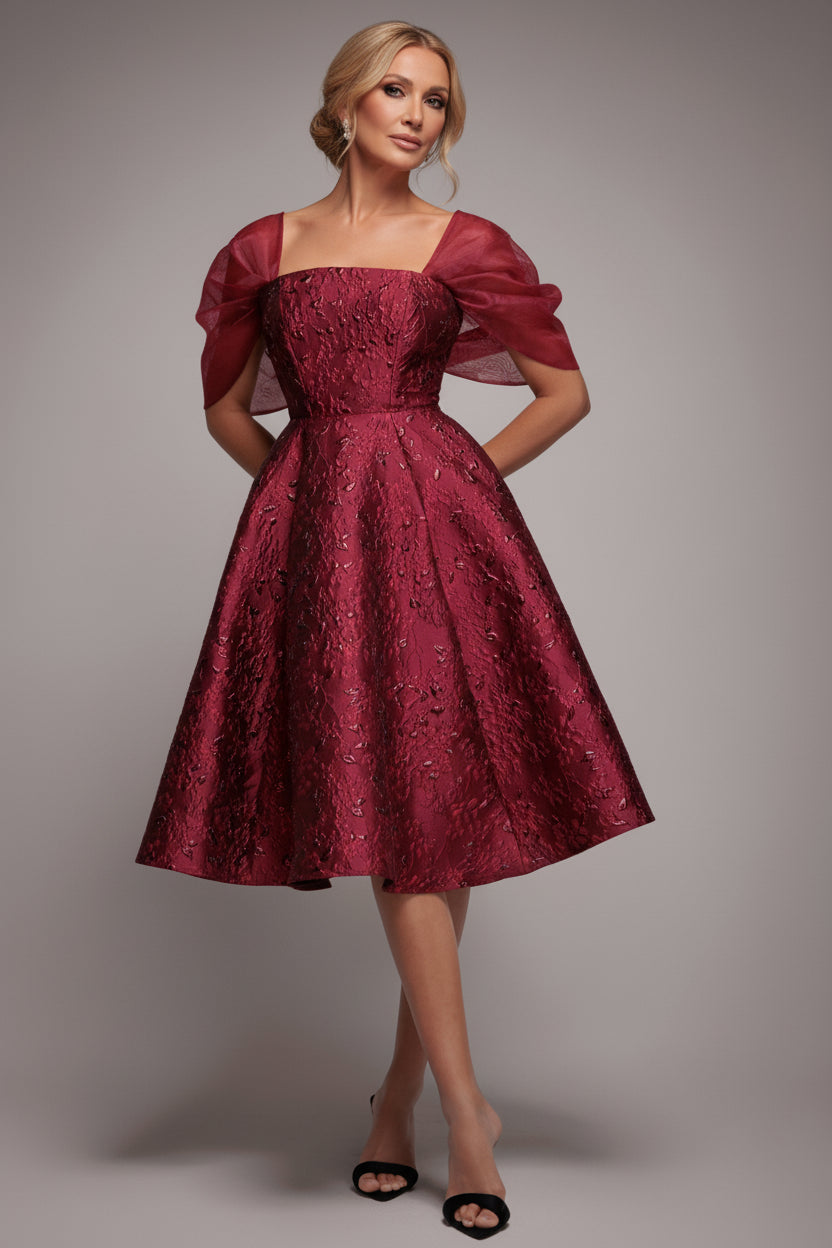 Goddiva Lace Up Jacquard Midi Dress With Organza Wings - Burgundy Red