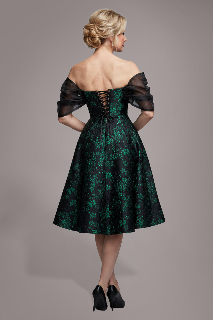 Goddiva Lace Up Jacquard Midi Dress With Organza Wings - Emerald Black
