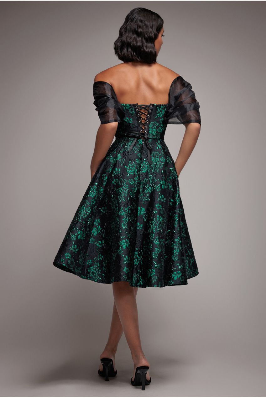 Goddiva Lace Up Jacquard Midi Dress With Organza Wings - Emerald Black