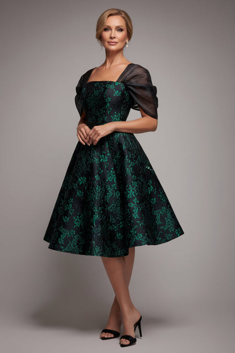 Goddiva Lace Up Jacquard Midi Dress With Organza Wings - Emerald Black