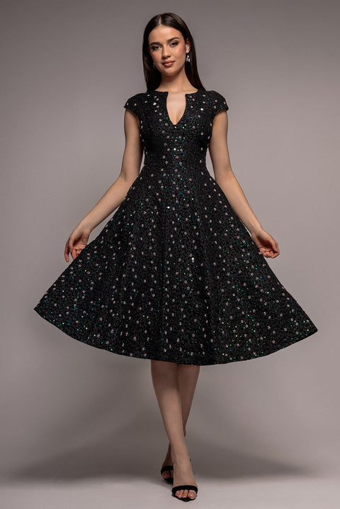 Goddiva Bead Embellished Jacquard A Line Midi Dress - Black