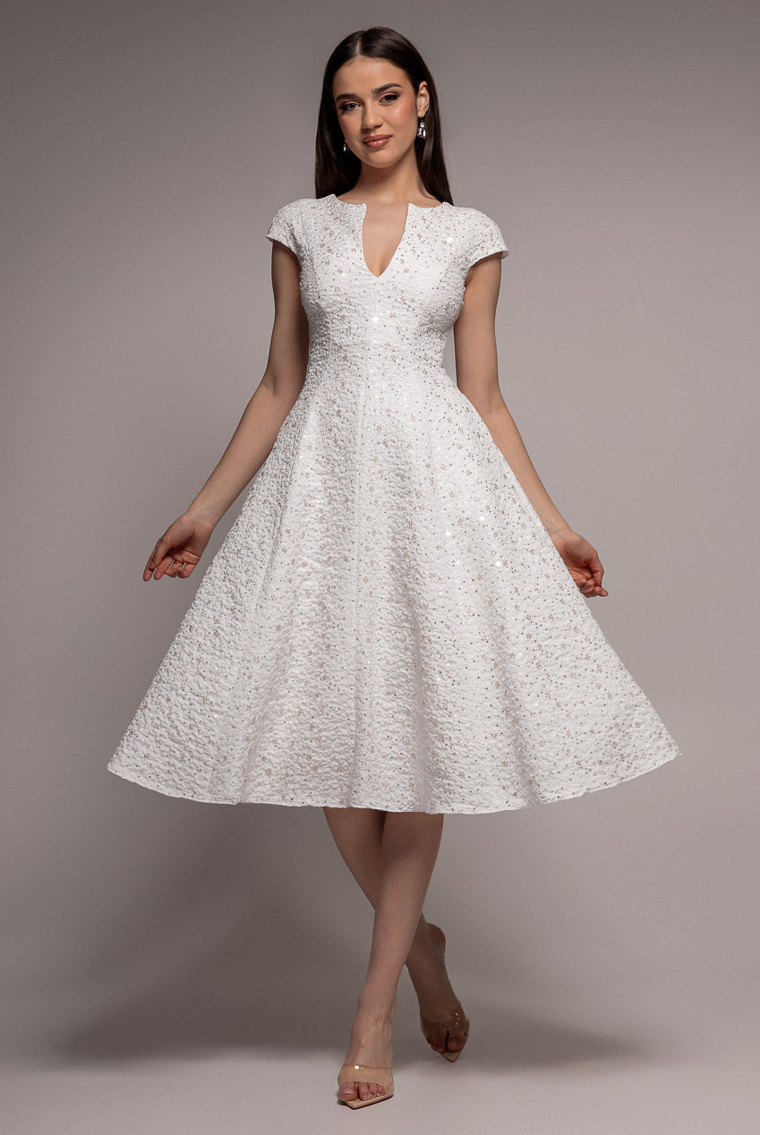 Goddiva Bead Embellished Jacquard A Line Midi Dress - White