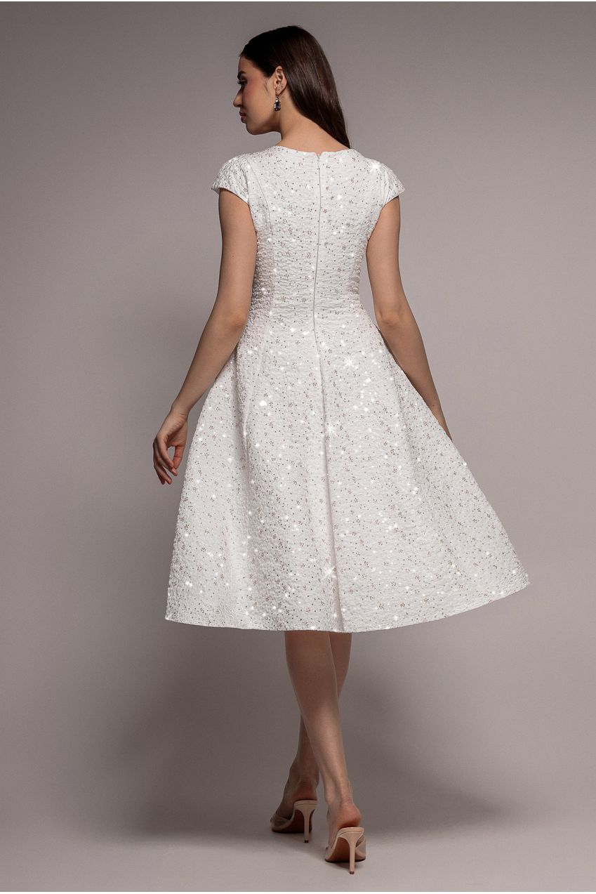 Goddiva Bead Embellished Jacquard A Line Midi Dress - White