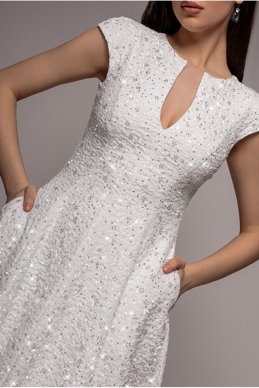 Goddiva Bead Embellished Jacquard A Line Midi Dress - White