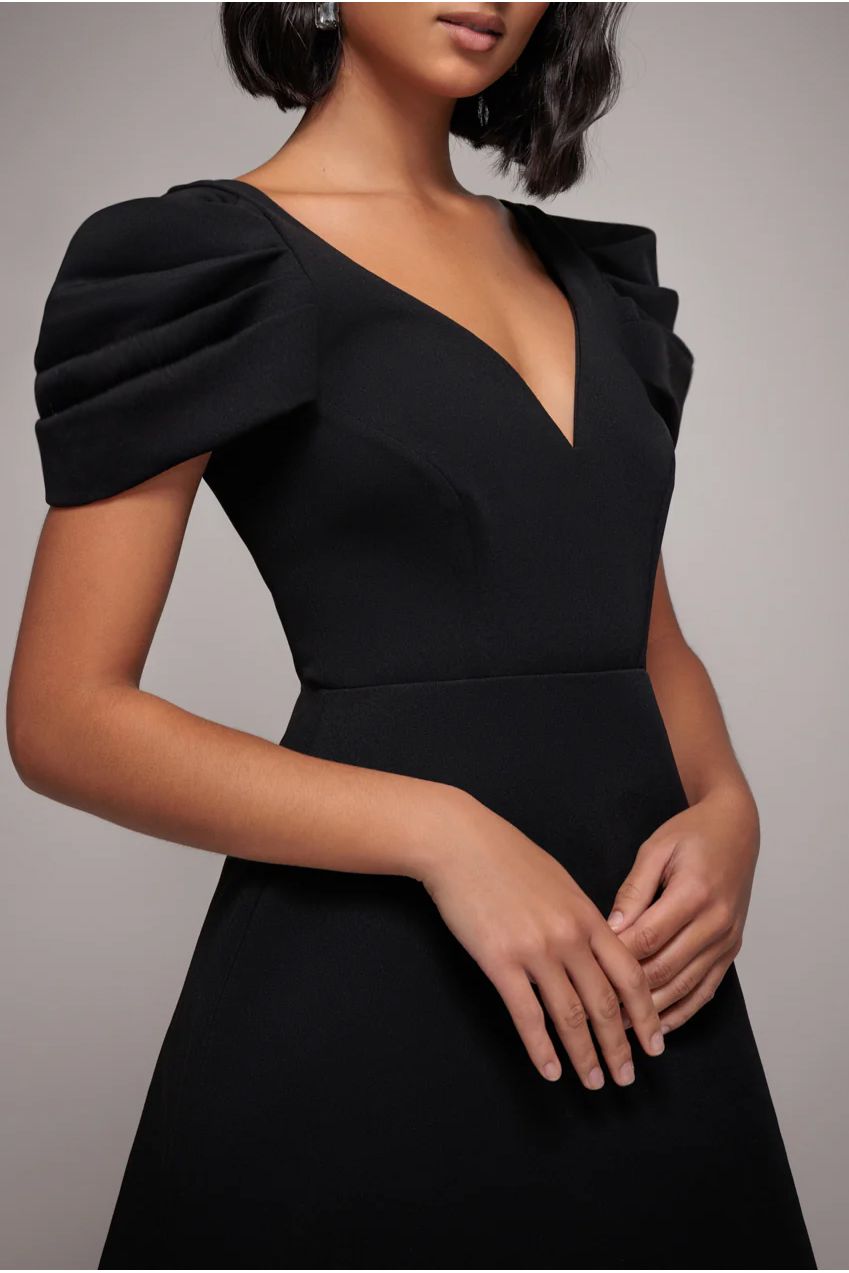 Goddiva Plunging Neck Pleated Sleeve Scuba Mini Dress - Black