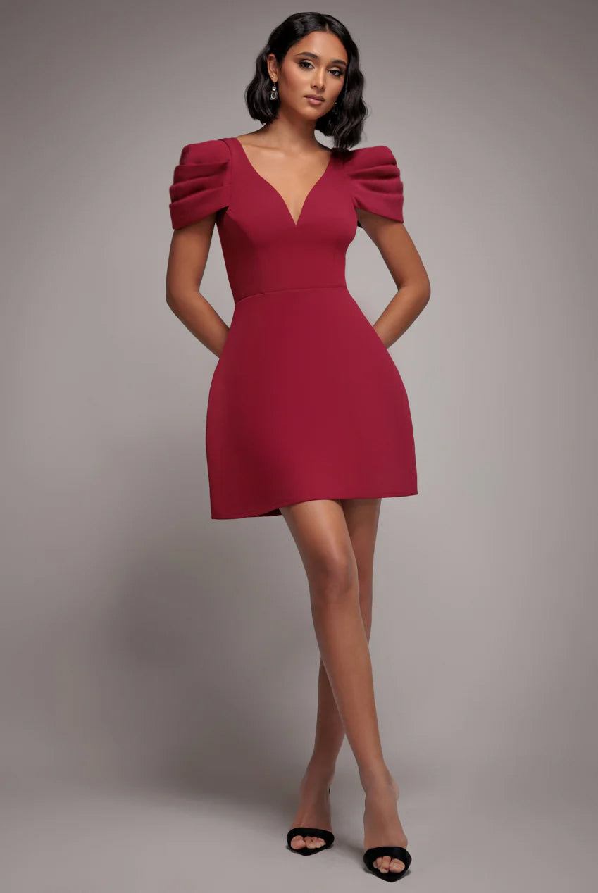 Goddiva Plunging Neck Pleated Sleeve Scuba Mini Dress - Burgundy Red