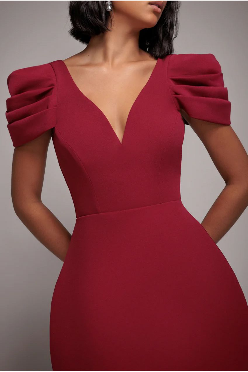 Goddiva Plunging Neck Pleated Sleeve Scuba Mini Dress - Burgundy Red