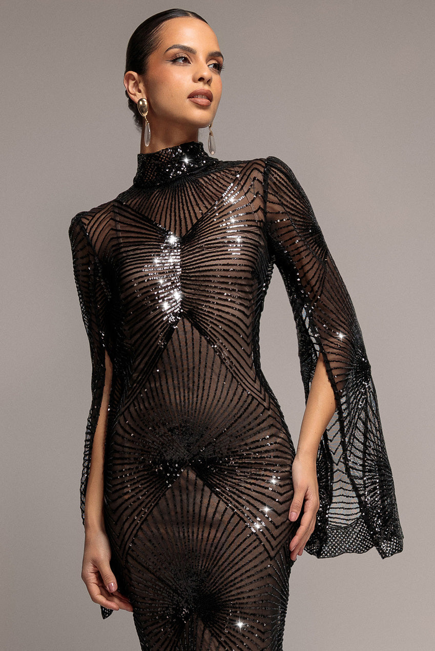 Goddiva Sequin Starburst Cape Sleeve Midi Dress - Black