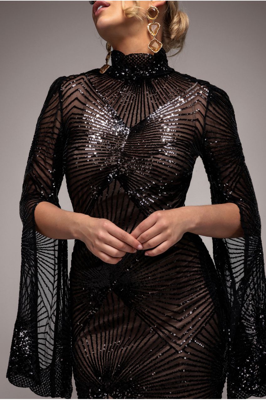 Goddiva Sequin Starburst Cape Sleeve Midi Dress - Black