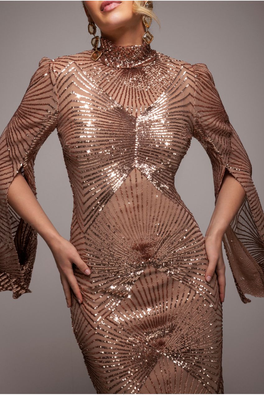 Goddiva Sequin Starburst Cape Sleeve Midi Dress - Champagne
