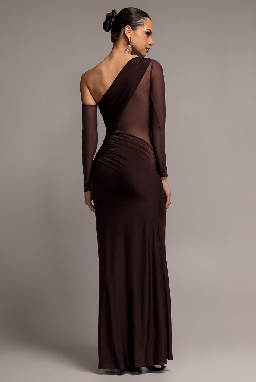 Goddiva Gathered Cowl Asymmetric Mesh And Soft Touch Maxi Dress - Brown