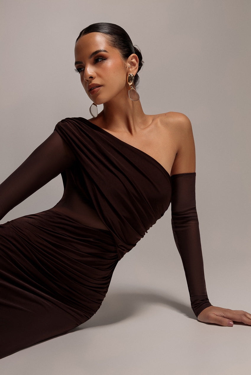 Goddiva Gathered Cowl Asymmetric Mesh And Soft Touch Maxi Dress - Brown