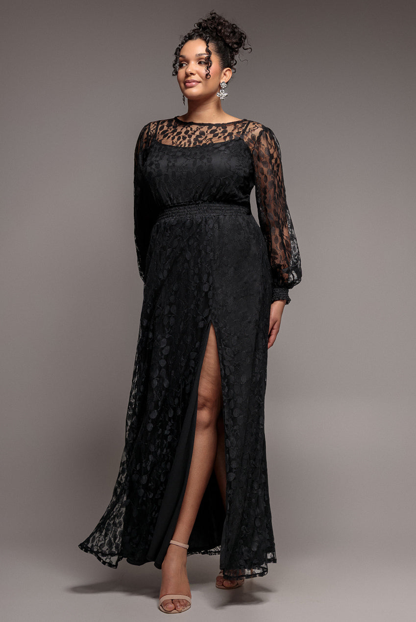 Goddiva Plus Lace Long Sleeve Shirred Waist Maxi Dress - Black
