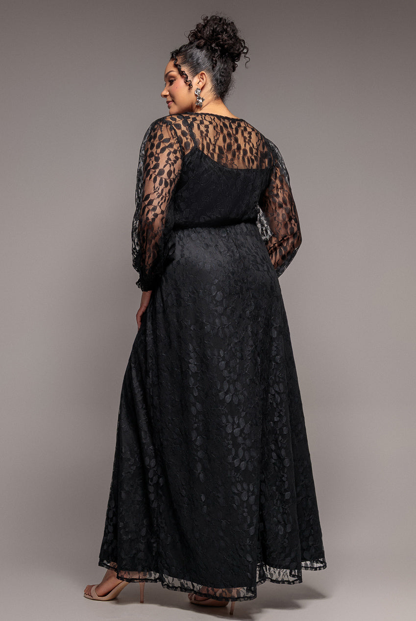 Goddiva Plus Lace Long Sleeve Shirred Waist Maxi Dress - Black