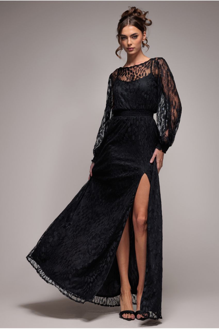 Goddiva Lace Long Sleeve Shirred Waist Maxi Dress - Black