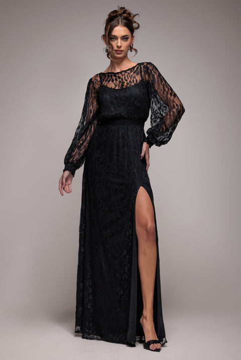 Goddiva Lace Long Sleeve Shirred Waist Maxi Dress - Black
