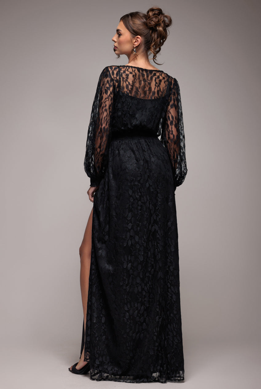 Goddiva Lace Long Sleeve Shirred Waist Maxi Dress - Black