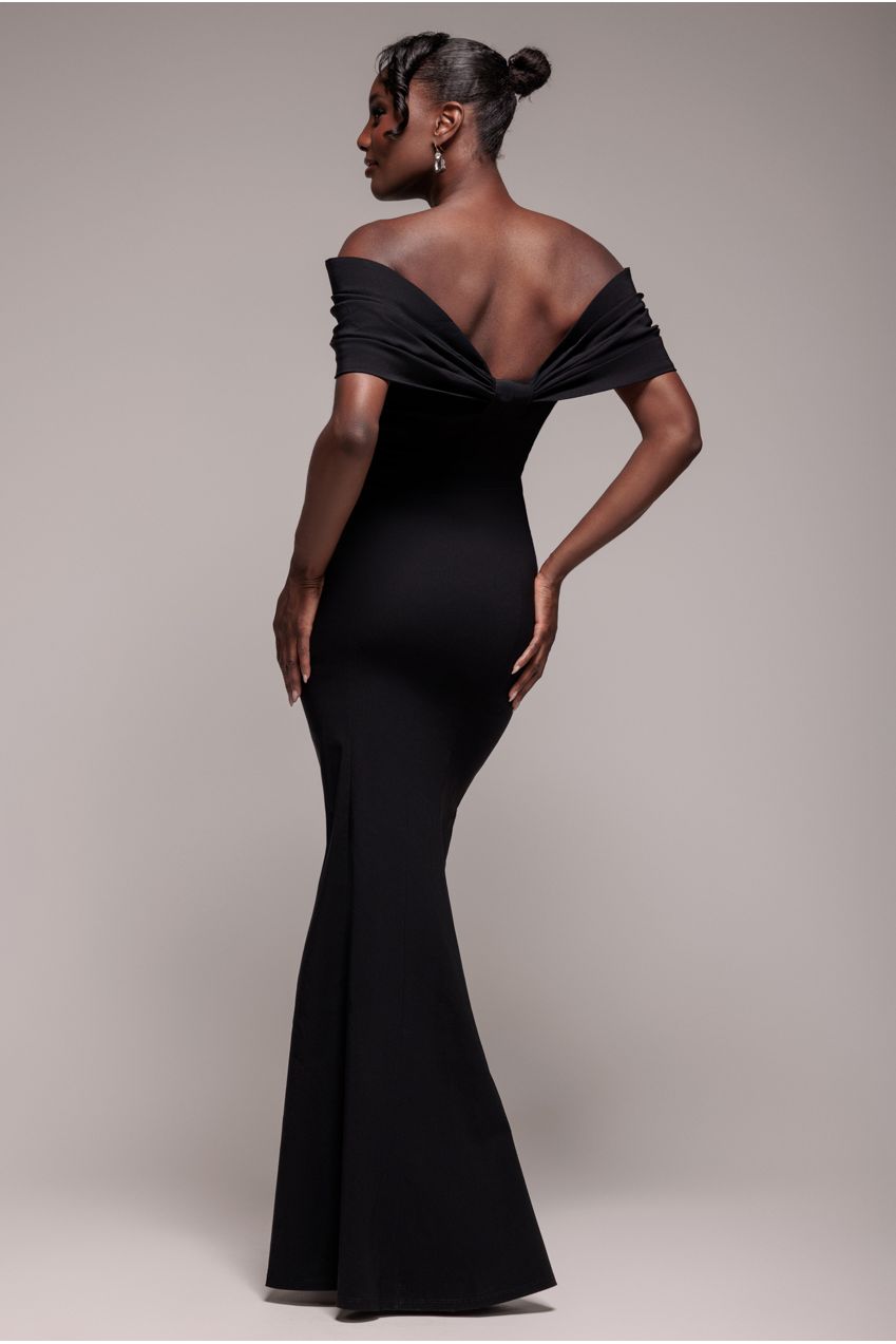 Goddiva Bardot Bow Neck Maxi Dress - Black
