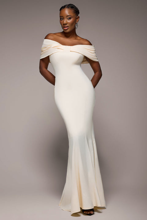 Goddiva Bardot Bow Neck Maxi Dress - Cream