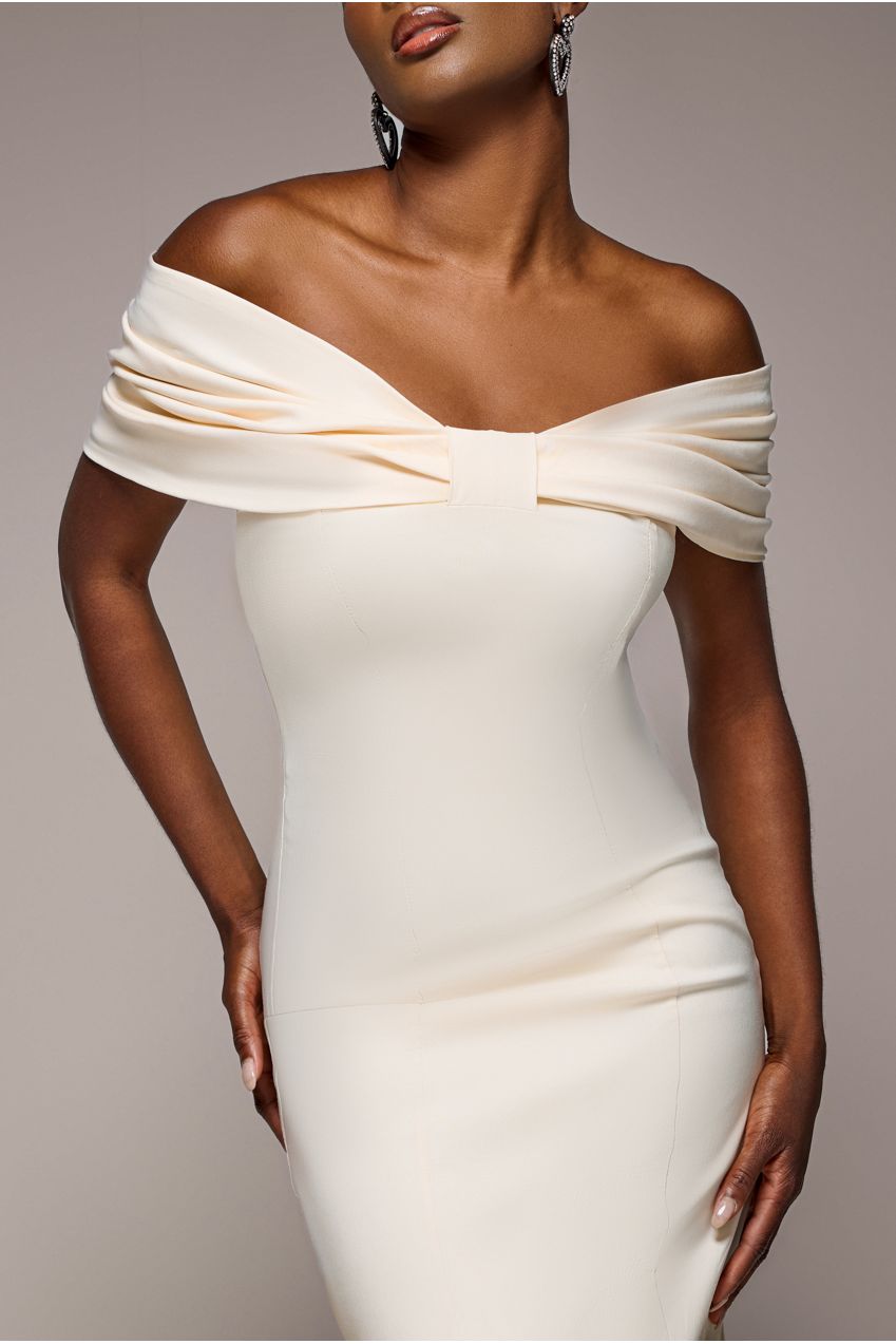 Goddiva Bardot Bow Neck Maxi Dress - Cream