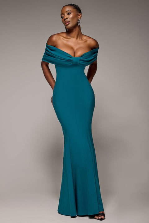 Goddiva Bardot Bow Neck Maxi Dress - Emerald Green