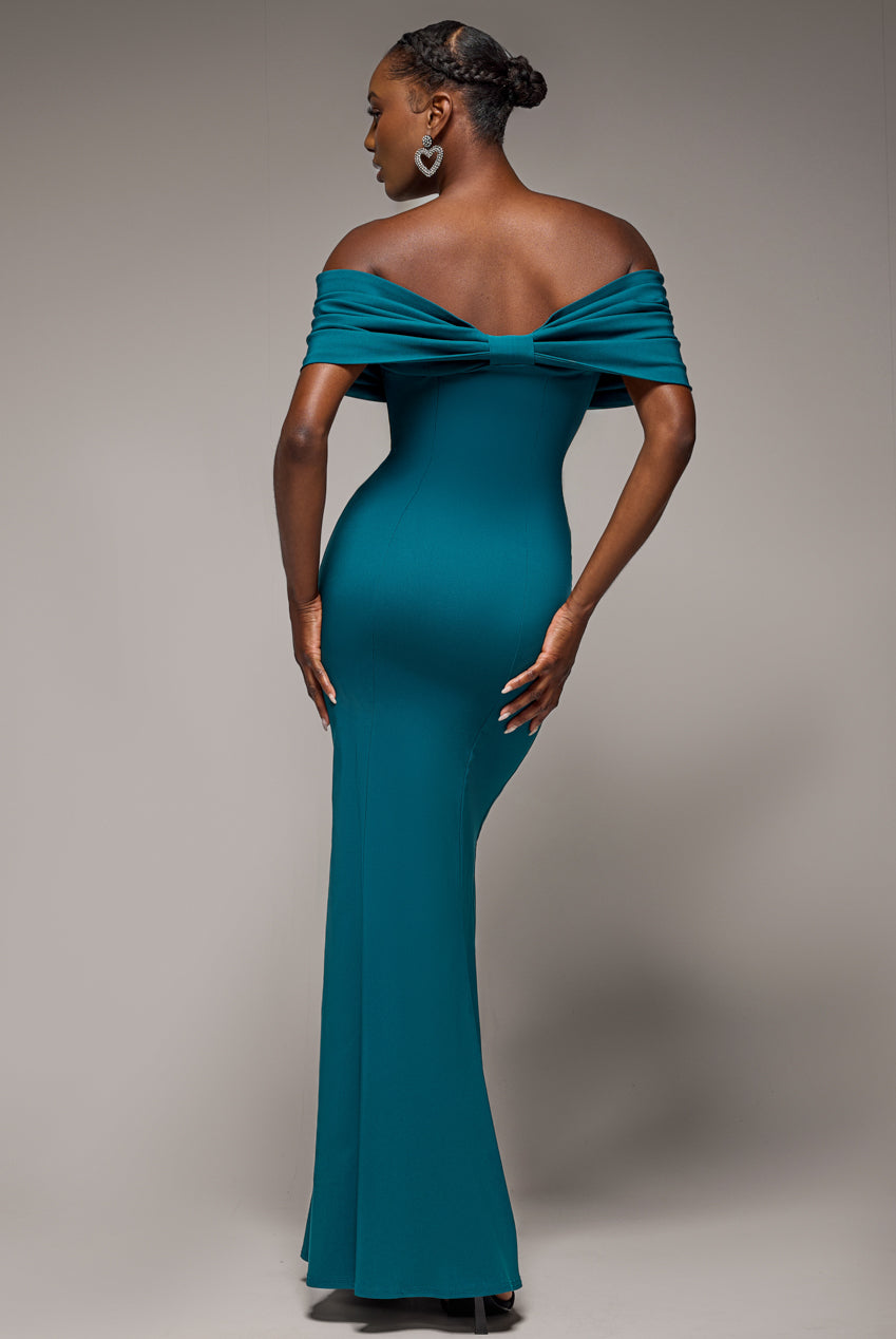Goddiva Bardot Bow Neck Maxi Dress - Emerald Green