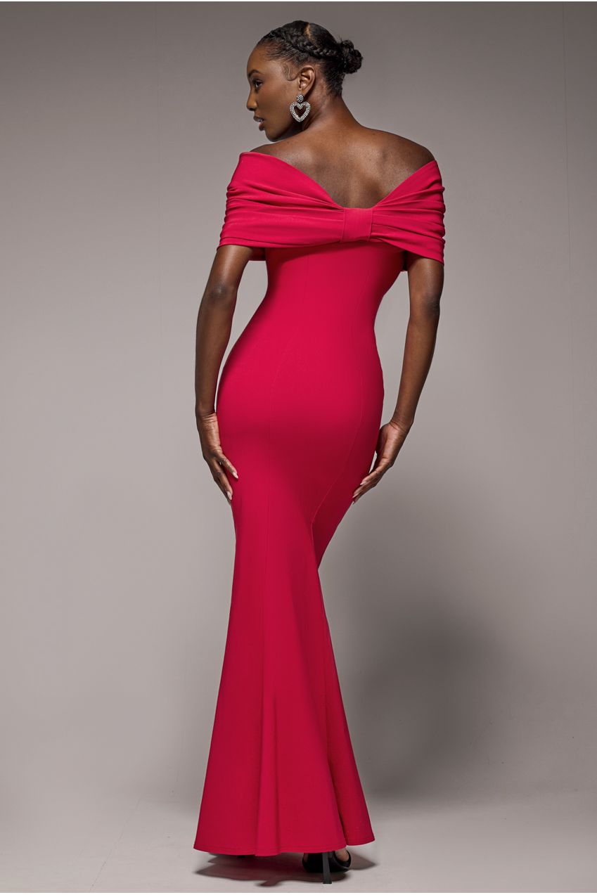 Goddiva Bardot Bow Neck Maxi Dress - Red
