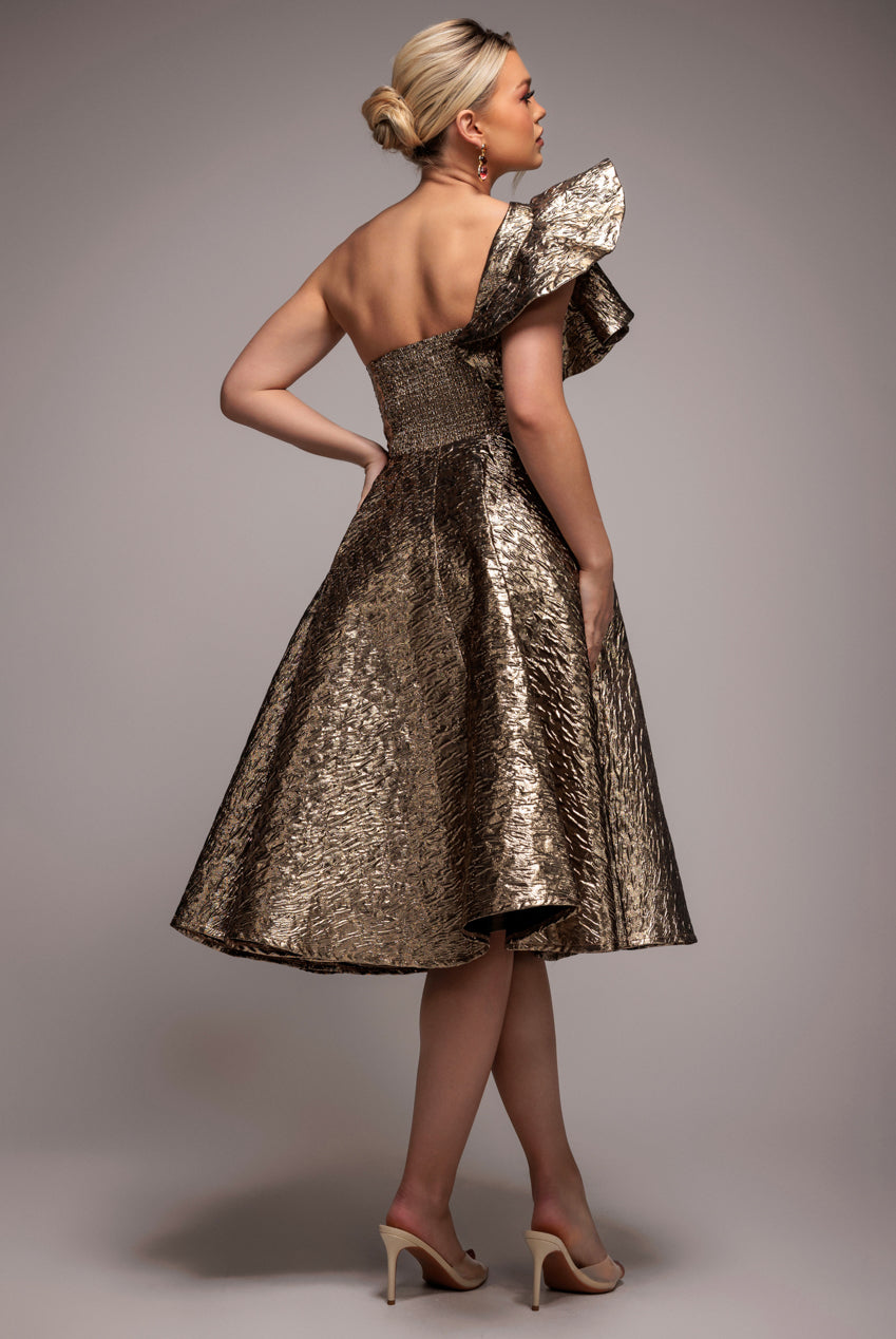 Goddiva One Shoulder Frill Jacquard Skater Midi Dress - Bronze Gold