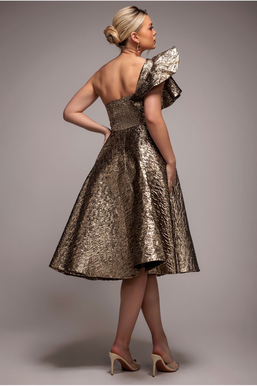 Goddiva One Shoulder Frill Jacquard Skater Midi Dress - Bronze Gold