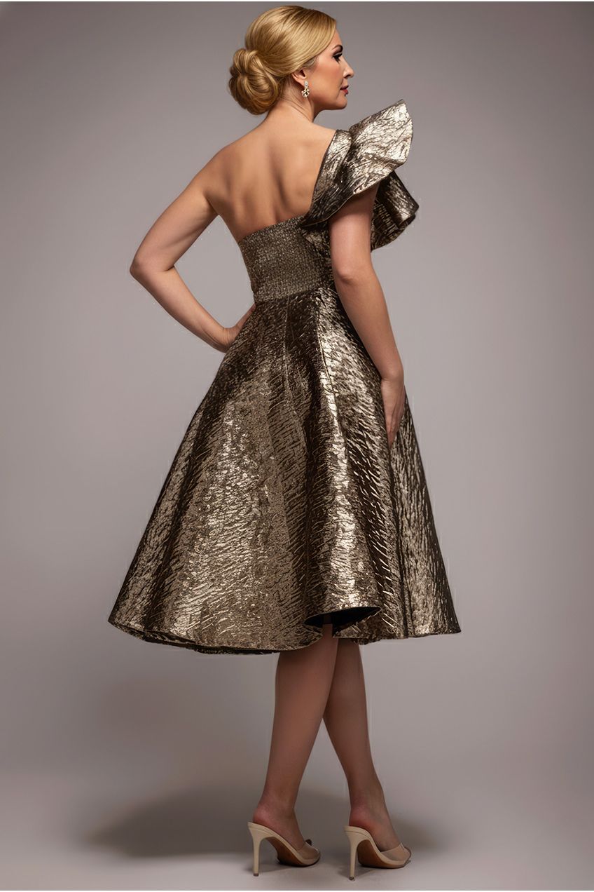 Goddiva One Shoulder Frill Jacquard Skater Midi Dress - Bronze Gold