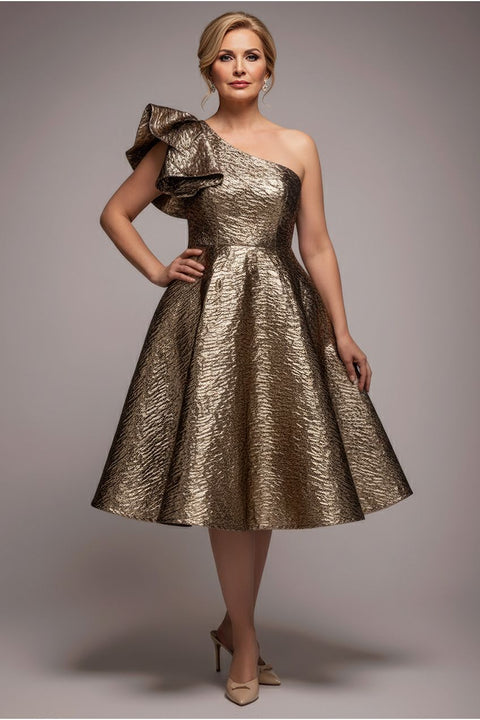 Goddiva One Shoulder Frill Jacquard Skater Midi Dress - Bronze Gold