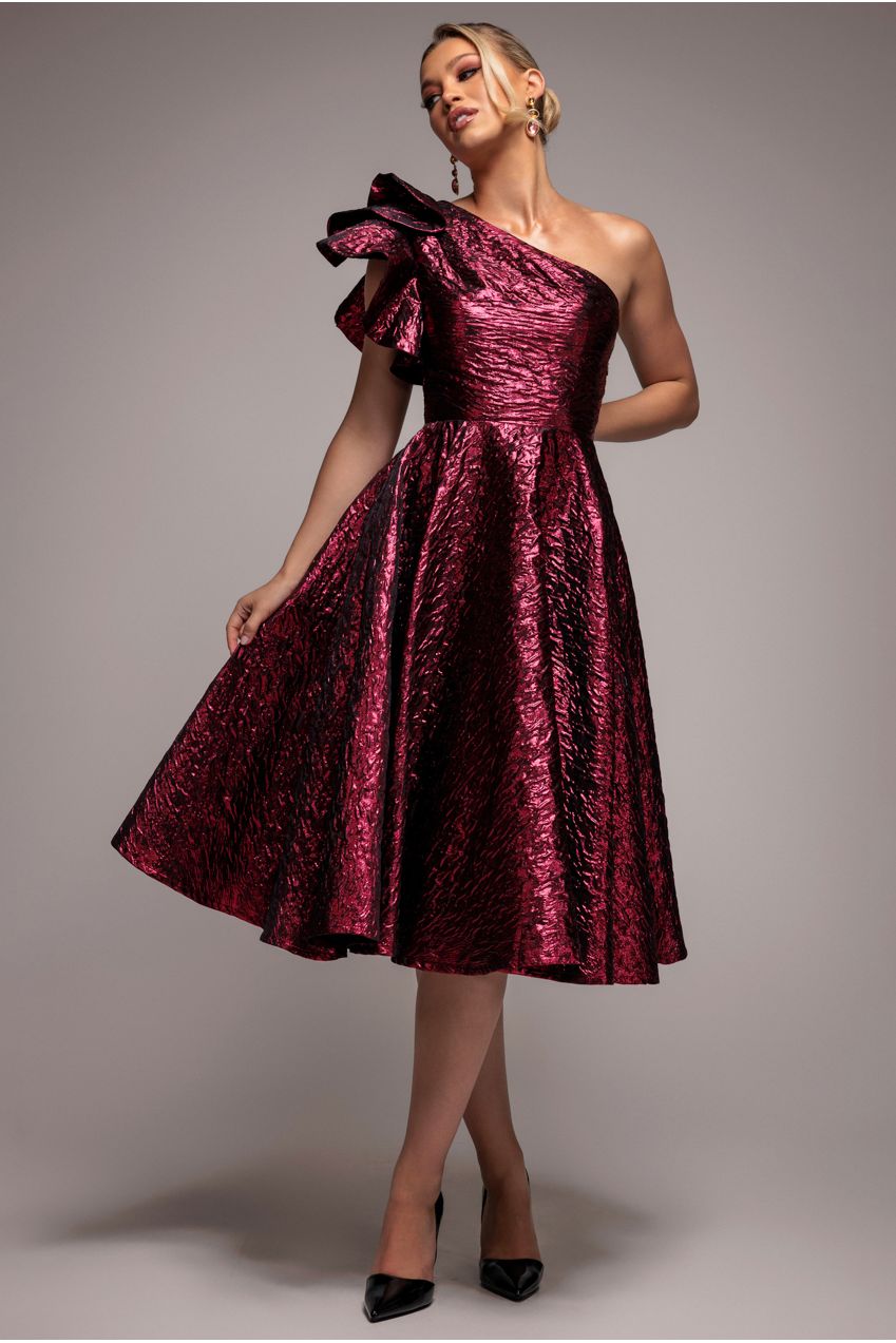 Goddiva One Shoulder Frill Jacquard Skater Midi Dress - Burgundy Red