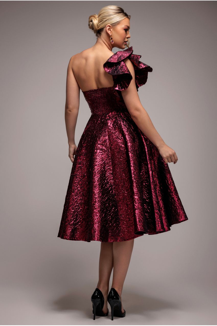 Goddiva One Shoulder Frill Jacquard Skater Midi Dress - Burgundy Red