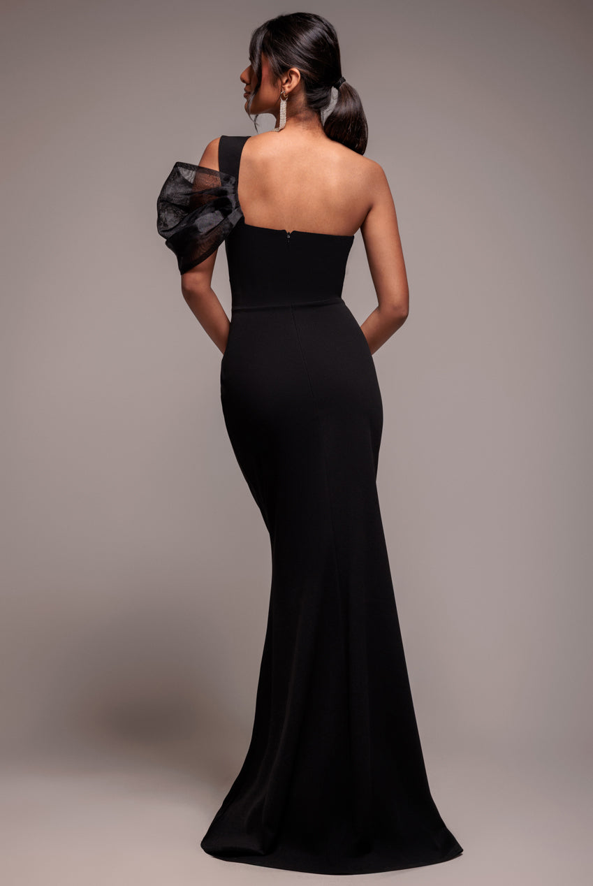 Goddiva Organza Bow One Shoulder Scuba Crepe Maxi Dress - Black