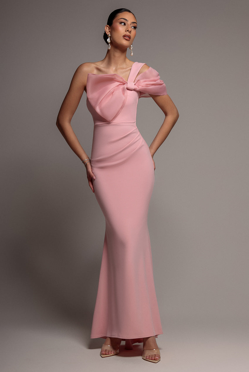 Goddiva Organza Bow One Shoulder Scuba Crepe Maxi Dress - Blush Pink