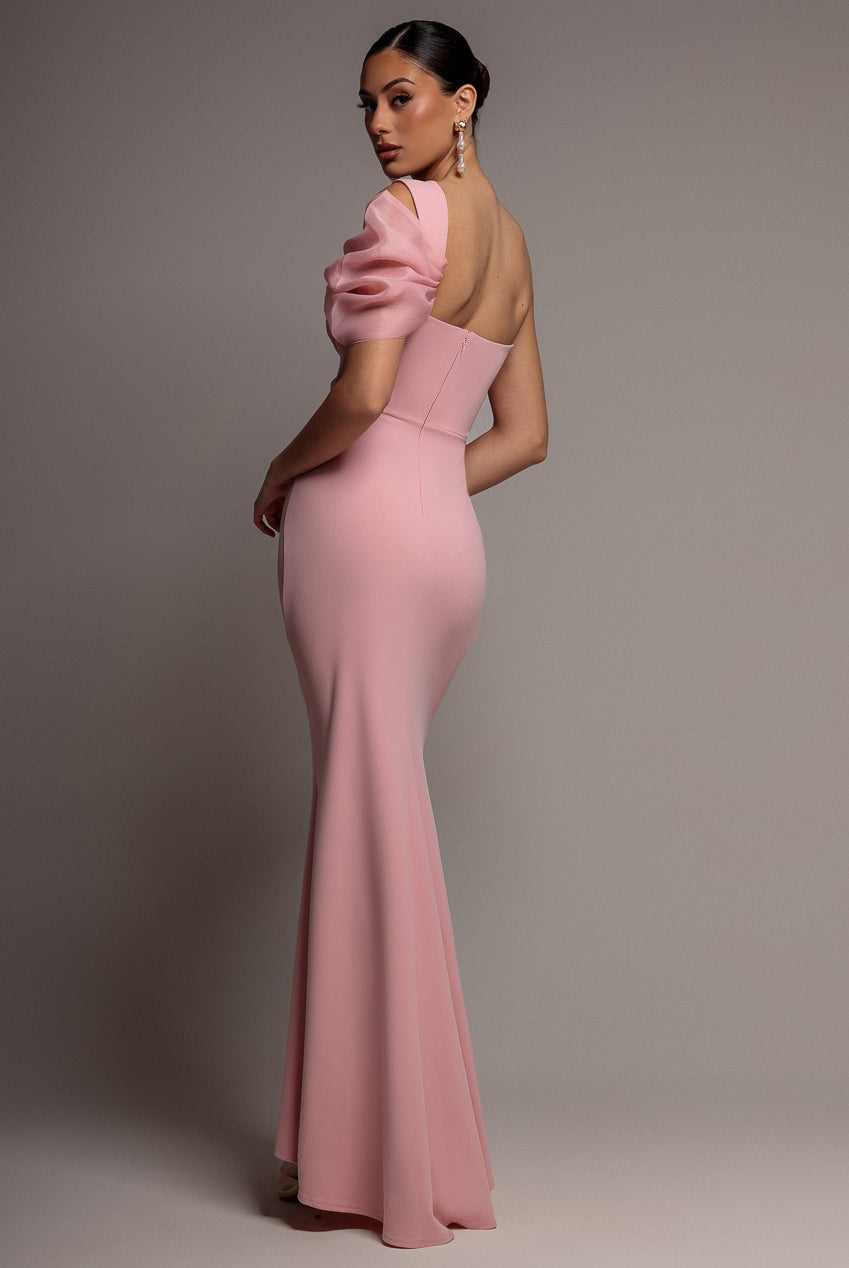 Goddiva Organza Bow One Shoulder Scuba Crepe Maxi Dress - Blush Pink