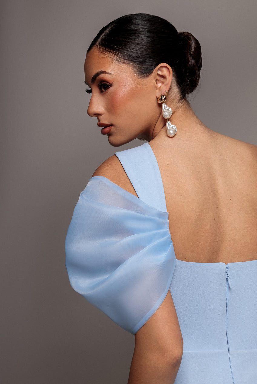 Goddiva Organza Bow One Shoulder Scuba Crepe Maxi Dress - Powder Blue