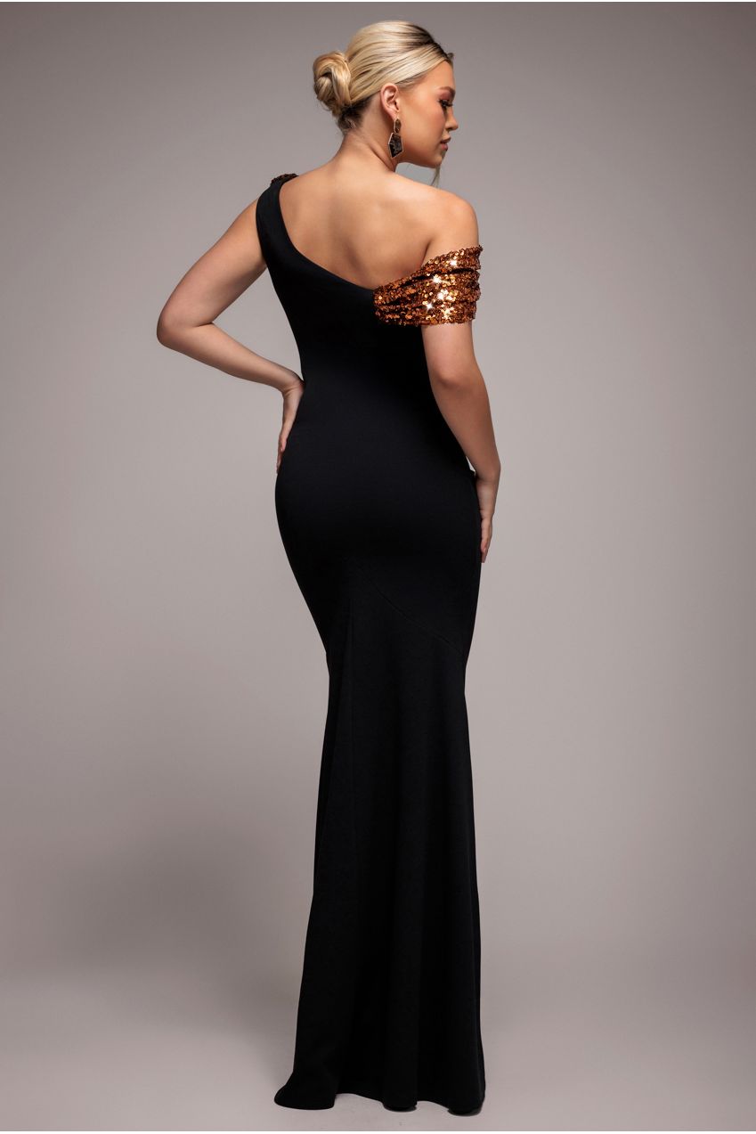 Goddiva Cowl One Shoulder Contrast Sequin & Scuba Crepe Maxi Dress - Bronze