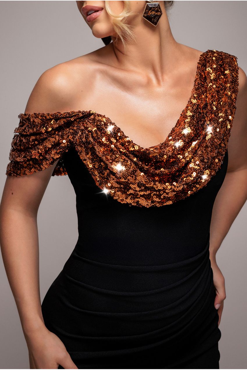 Goddiva Cowl One Shoulder Contrast Sequin & Scuba Crepe Maxi Dress - Bronze