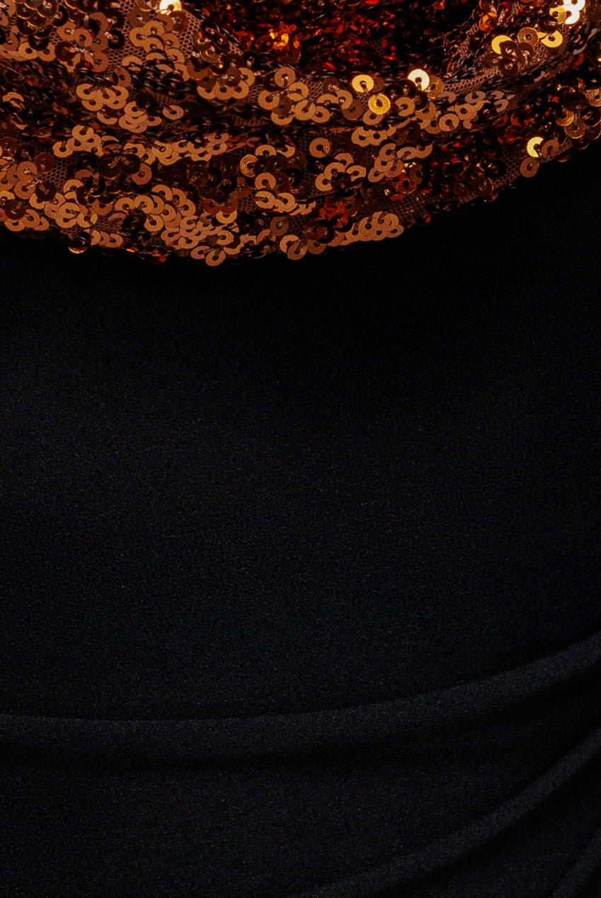 Goddiva Cowl One Shoulder Contrast Sequin & Scuba Crepe Maxi Dress - Bronze