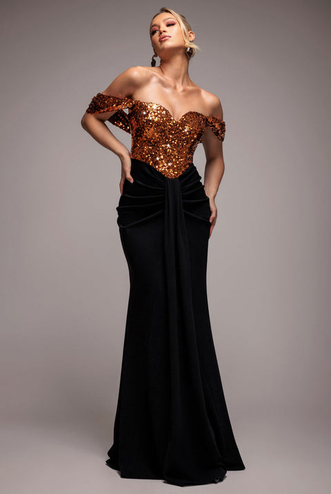 Goddiva Corset Sequin Wing Bodice Scuba Skirt Maxi Dress - Bronze