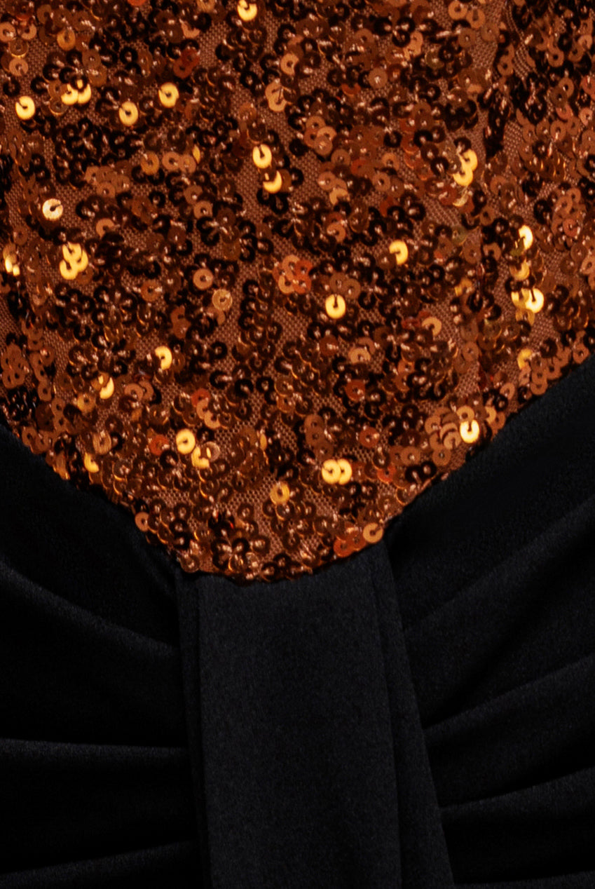 Goddiva Corset Sequin Wing Bodice Scuba Skirt Maxi Dress - Bronze