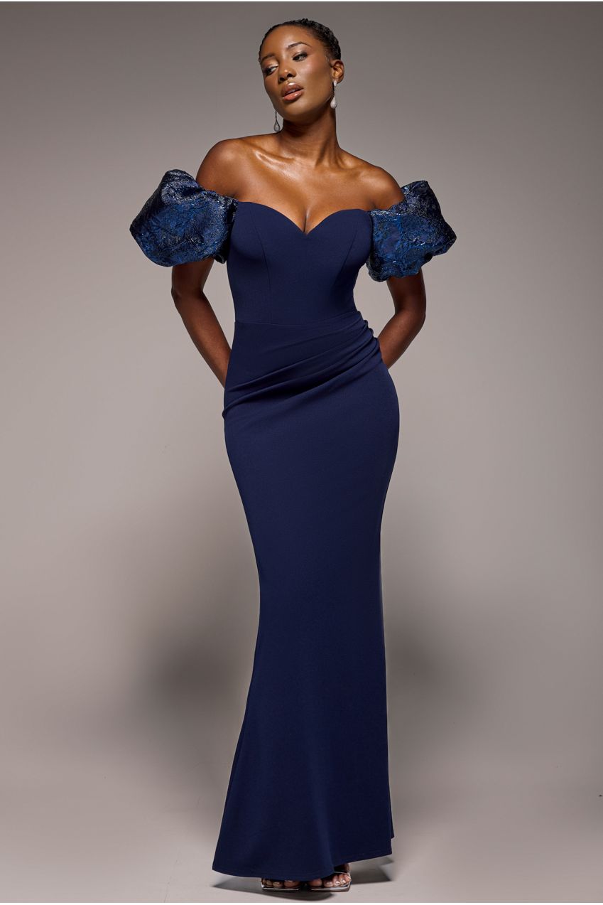 Goddiva Jacquard Puff Sleeve Sweetheart Scuba Maxi Dress - Navy Blue