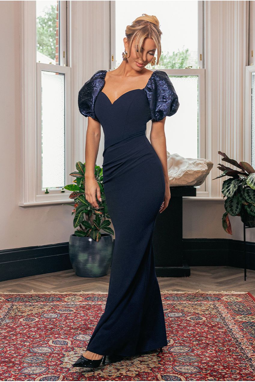 Goddiva Jacquard Puff Sleeve Sweetheart Scuba Maxi Dress - Navy Blue